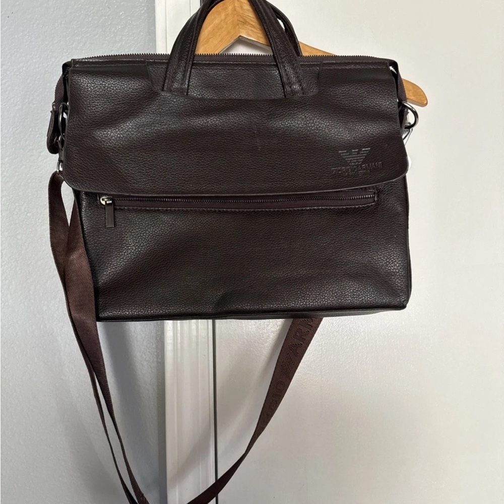 Giorgio Armani Brown Pebbled Leather Travel Laptop Crossbody Bag